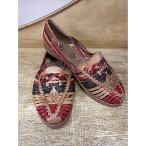 JVS Huaraches Sandals Women Size 7/7.5 Red Black Tan Woven Leather Handmade